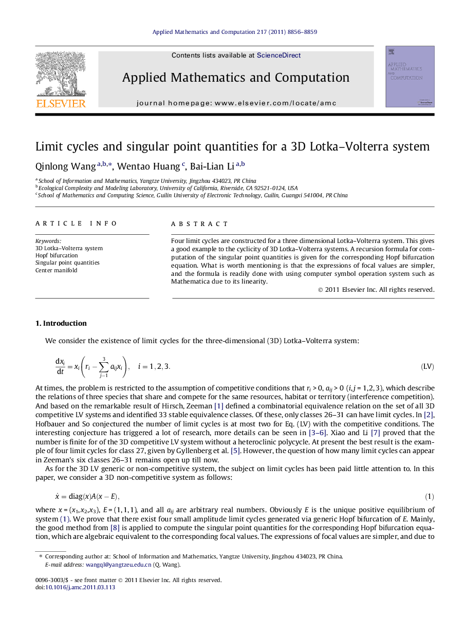 Limit cycles and singular point quantities for a 3D Lotka–Volterra system