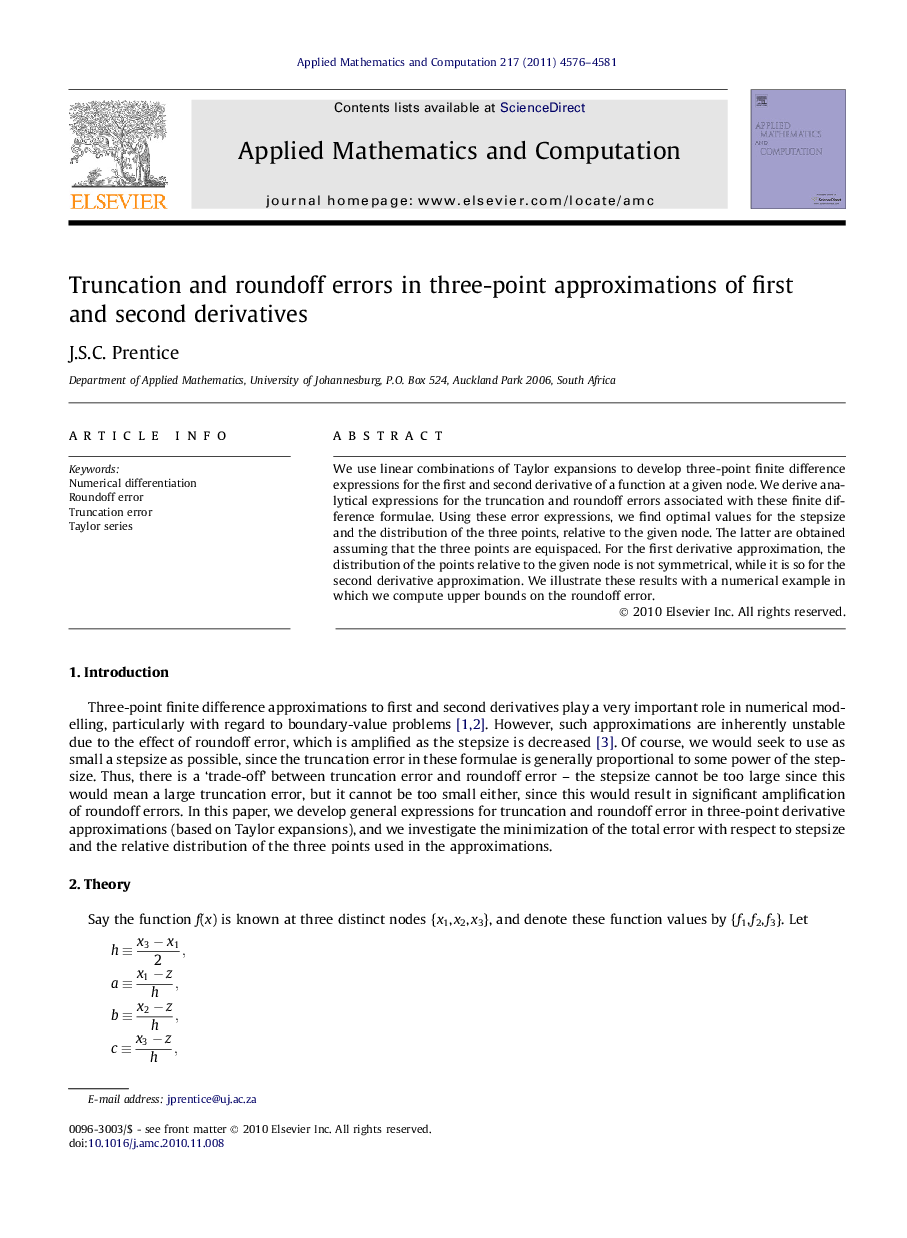 Truncation and roundoff errors in three-point approximations of first and second derivatives