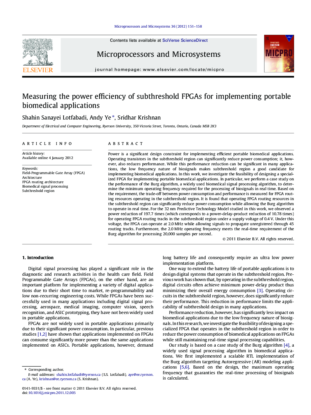 Measuring the power efficiency of subthreshold FPGAs for implementing portable biomedical applications