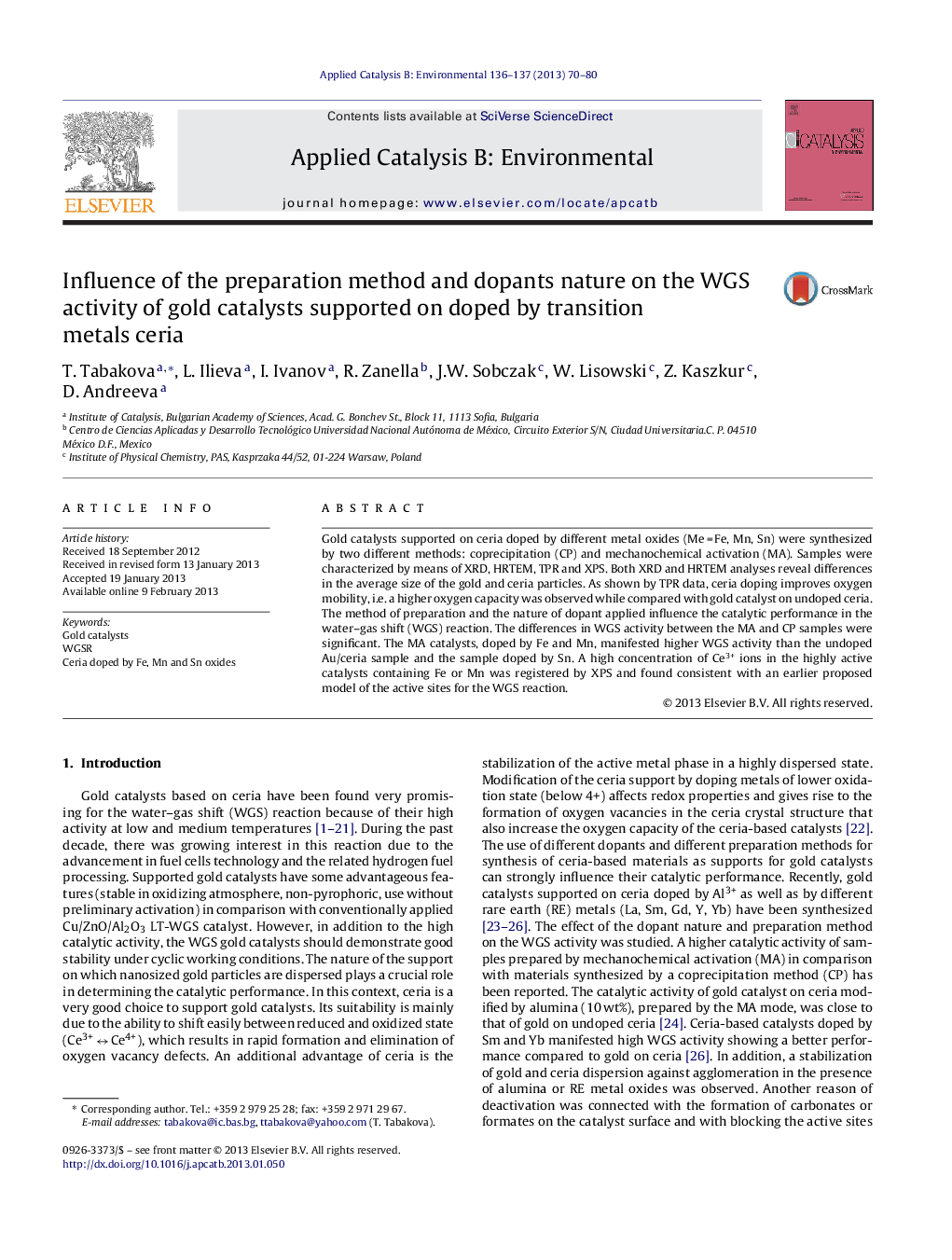 Influence of the preparation method and dopants nature on the WGS activity of gold catalysts supported on doped by transition metals ceria