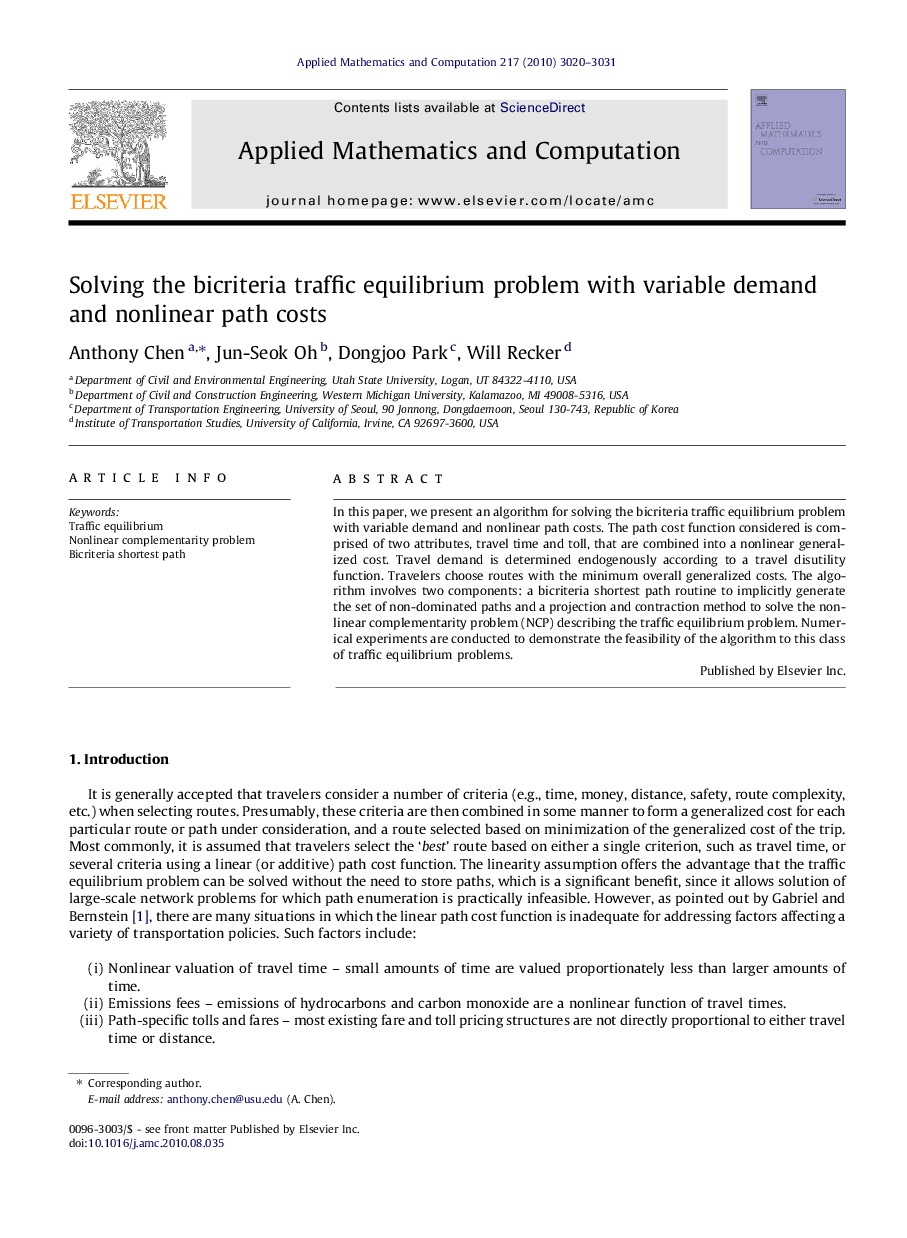 Solving the bicriteria traffic equilibrium problem with variable demand and nonlinear path costs