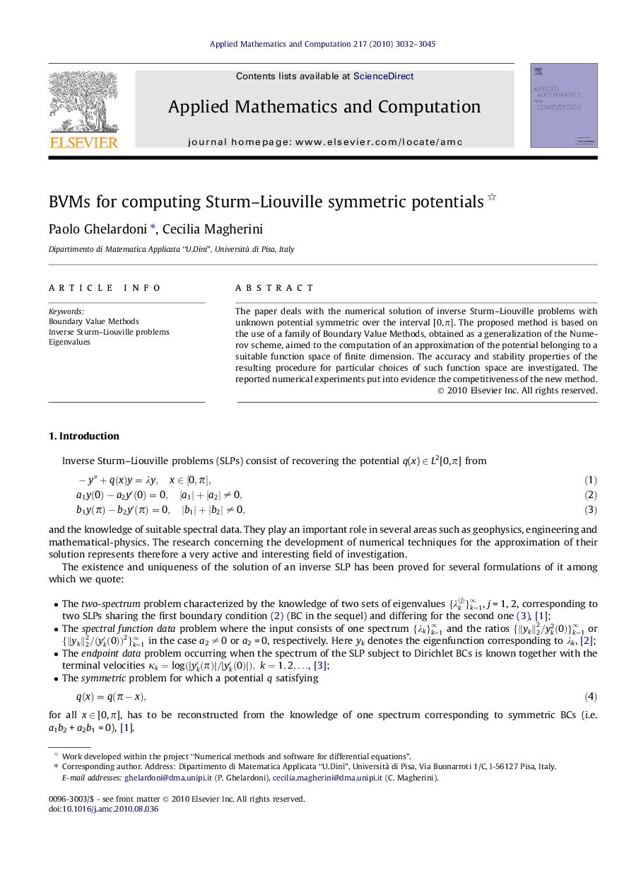 BVMs for computing Sturm–Liouville symmetric potentials 