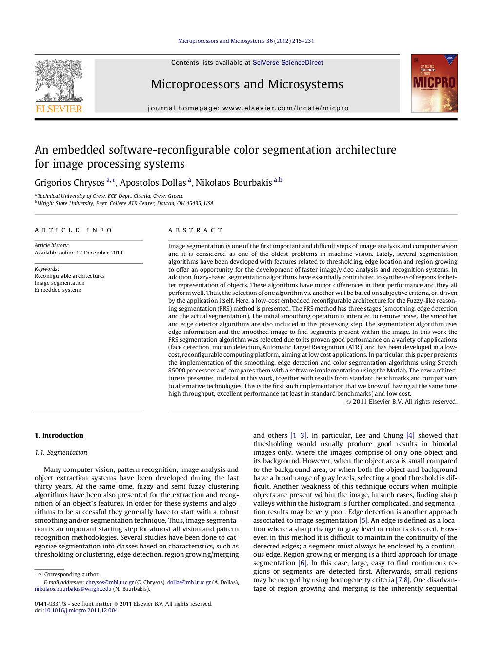 An embedded software-reconfigurable color segmentation architecture for image processing systems