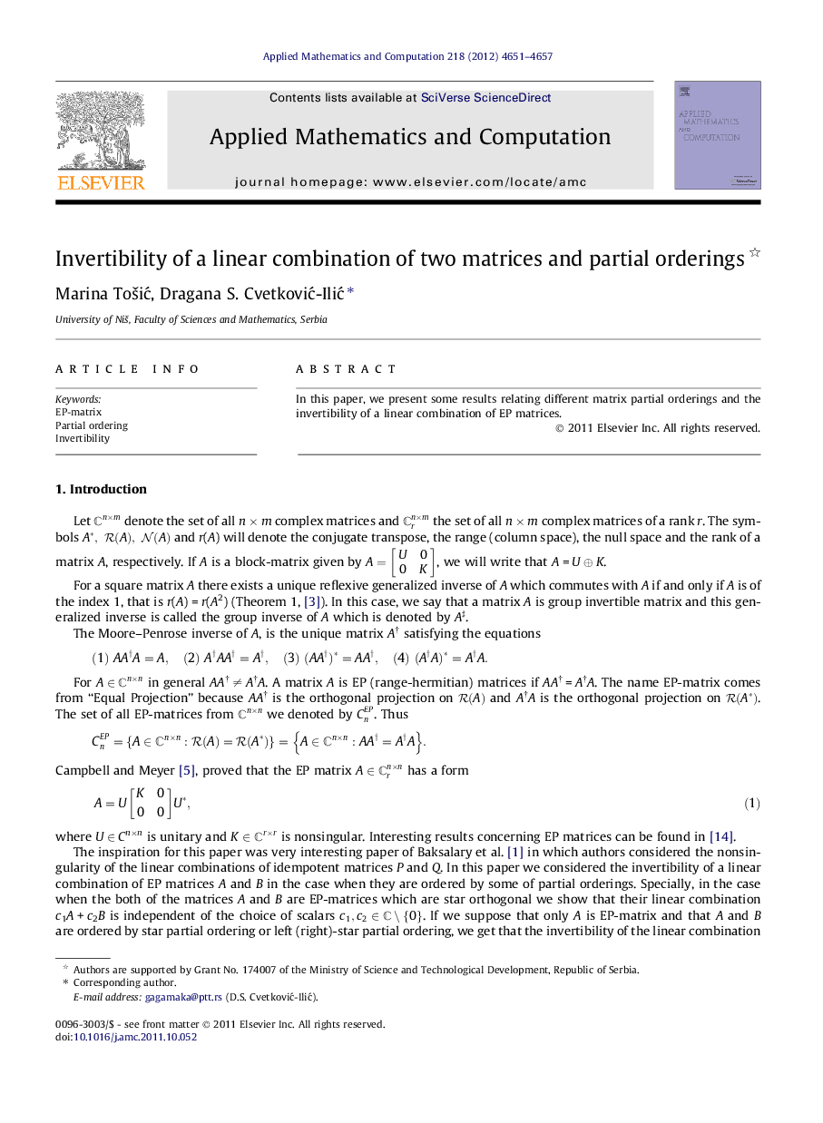 Invertibility of a linear combination of two matrices and partial orderings 