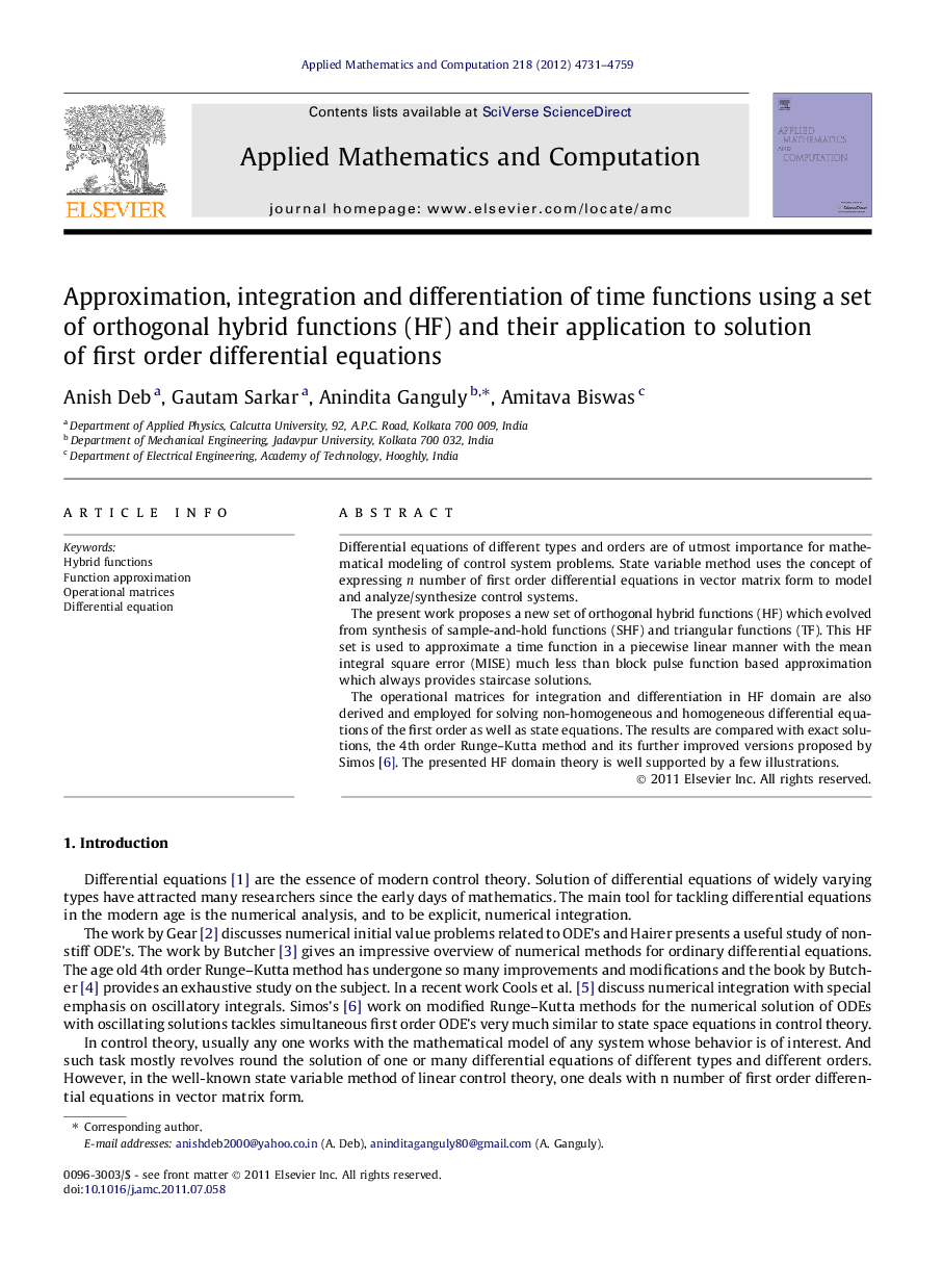 Approximation, integration and differentiation of time functions using a set of orthogonal hybrid functions (HF) and their application to solution of first order differential equations