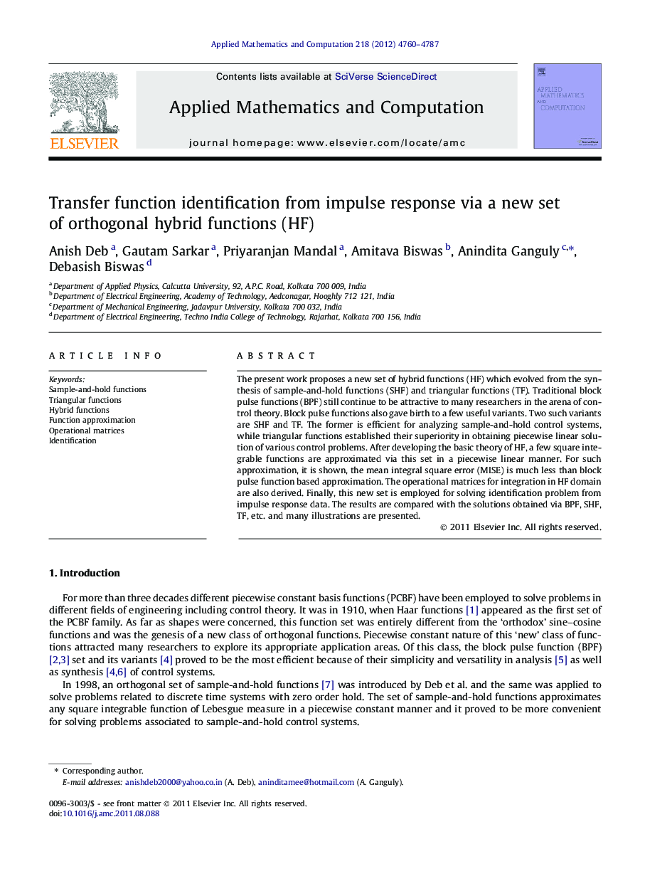 Transfer function identification from impulse response via a new set of orthogonal hybrid functions (HF)