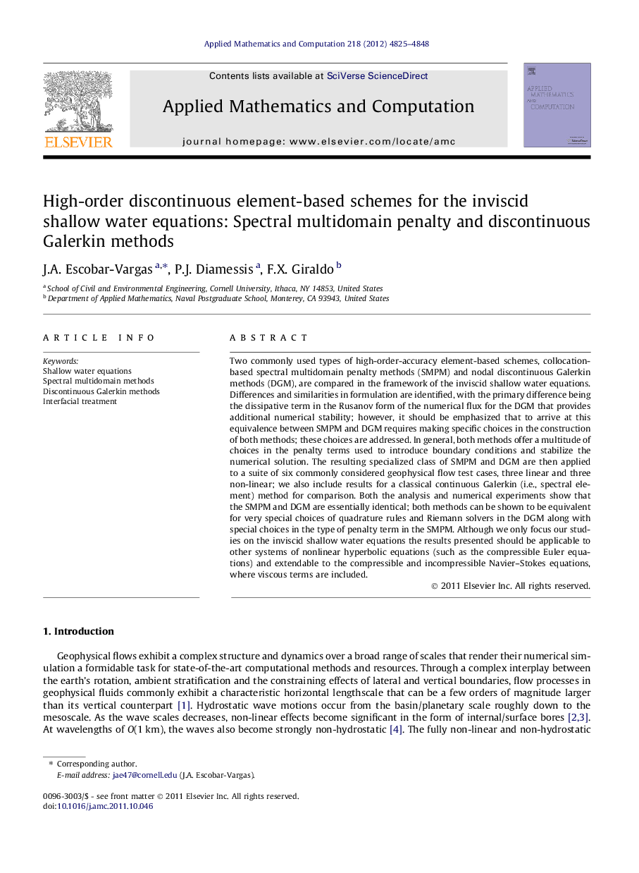 High-order discontinuous element-based schemes for the inviscid shallow water equations: Spectral multidomain penalty and discontinuous Galerkin methods