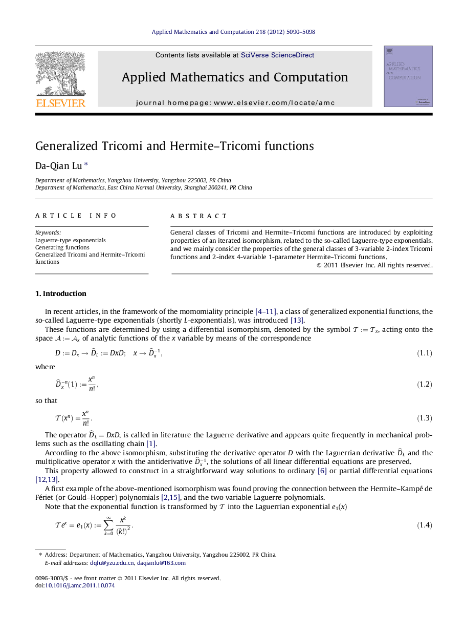 Generalized Tricomi and Hermite-Tricomi functions