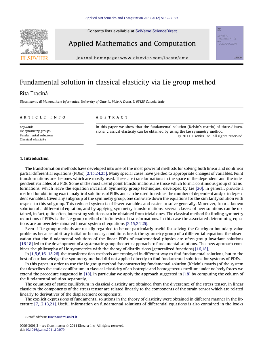 Fundamental solution in classical elasticity via Lie group method