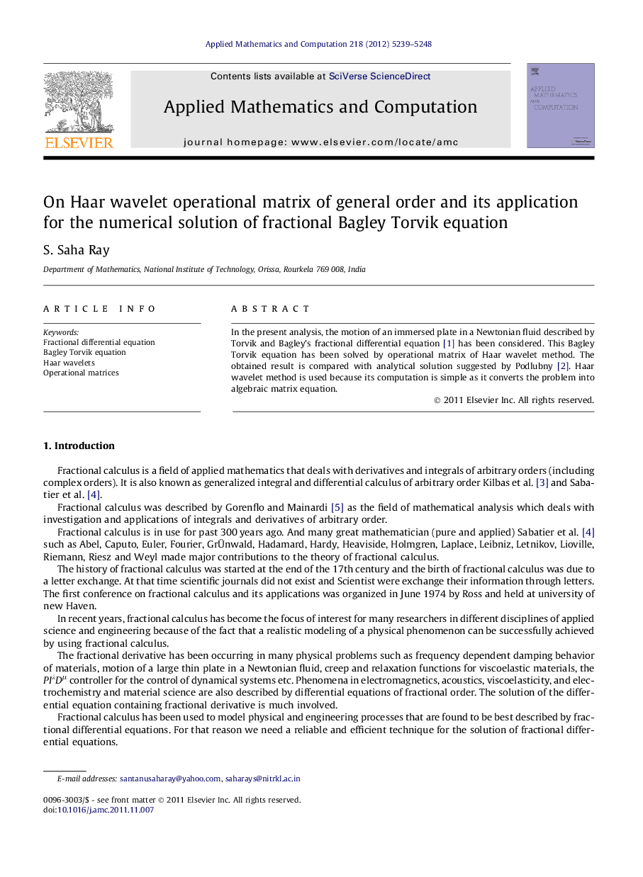 On Haar wavelet operational matrix of general order and its application for the numerical solution of fractional Bagley Torvik equation