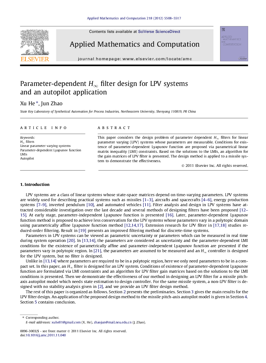 Parameter-dependent H∞ filter design for LPV systems and an autopilot application