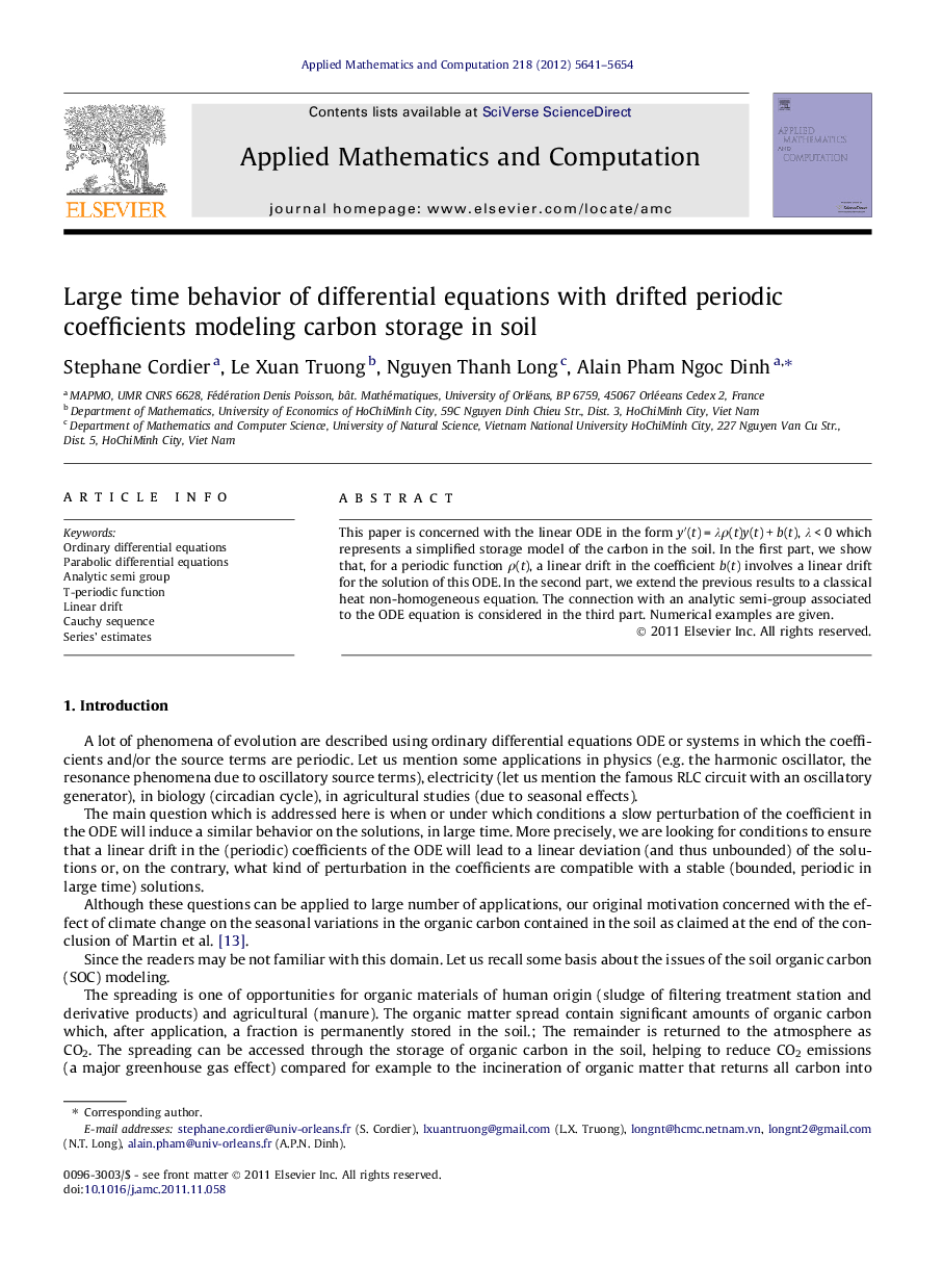 Large time behavior of differential equations with drifted periodic coefficients modeling carbon storage in soil