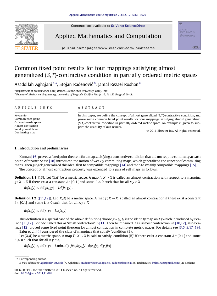 Common fixed point results for four mappings satisfying almost generalized (S, T)-contractive condition in partially ordered metric spaces