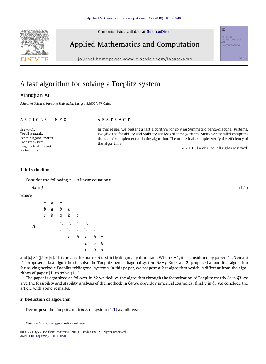 A fast algorithm for solving a Toeplitz system