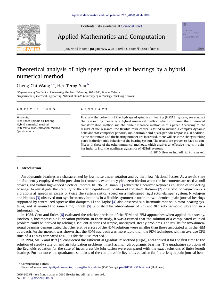 Theoretical analysis of high speed spindle air bearings by a hybrid numerical method