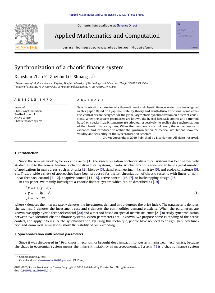 Synchronization of a chaotic finance system