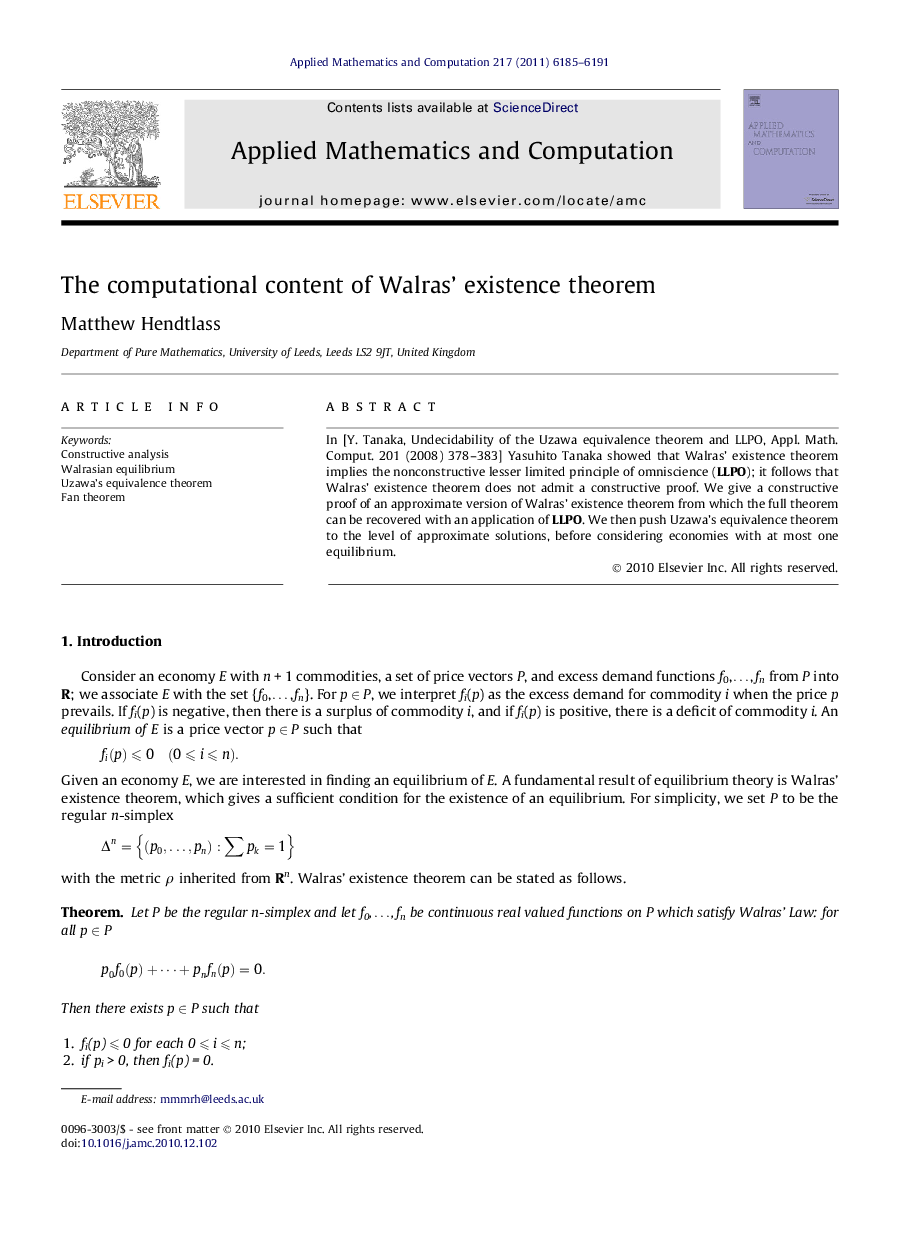 The computational content of Walras' existence theorem