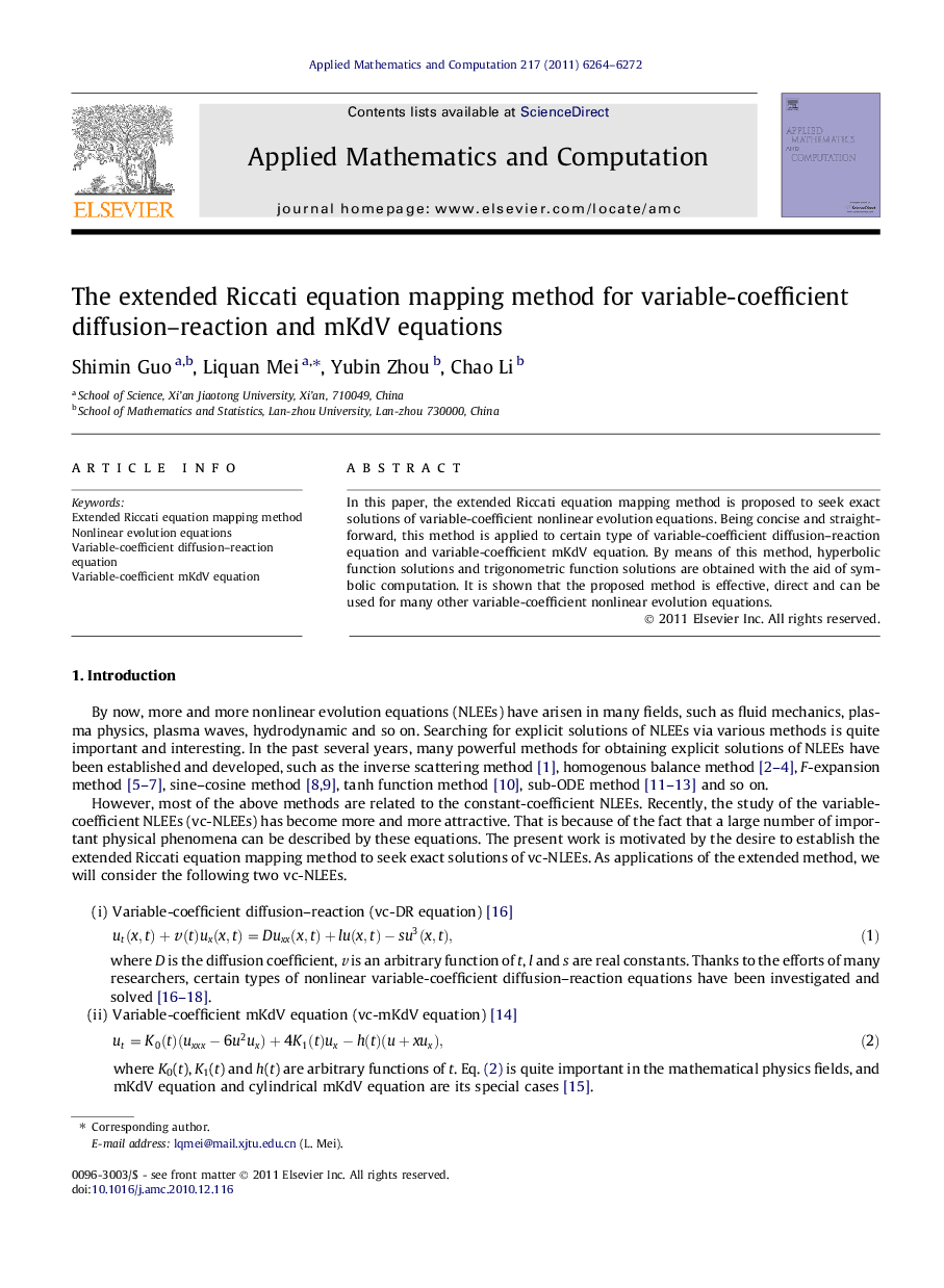 The extended Riccati equation mapping method for variable-coefficient diffusion-reaction and mKdV equations