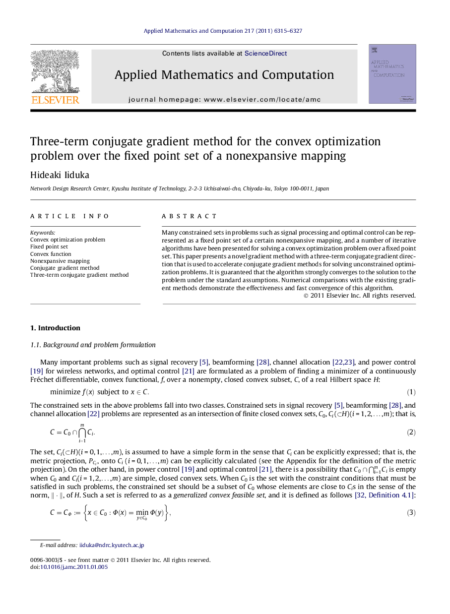 Three-term conjugate gradient method for the convex optimization problem over the fixed point set of a nonexpansive mapping