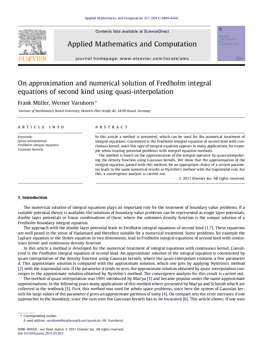 On approximation and numerical solution of Fredholm integral equations of second kind using quasi-interpolation