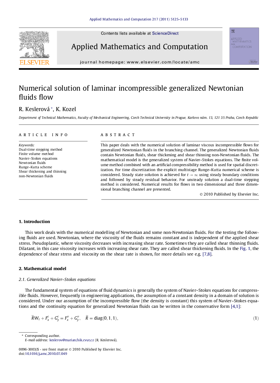 Numerical solution of laminar incompressible generalized Newtonian fluids flow