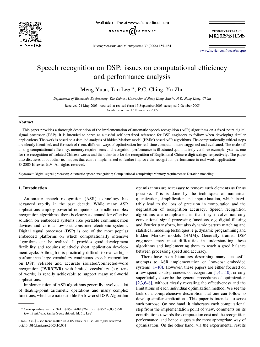 Speech recognition on DSP: issues on computational efficiency and performance analysis