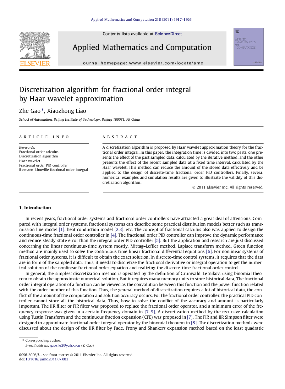 Discretization algorithm for fractional order integral by Haar wavelet approximation