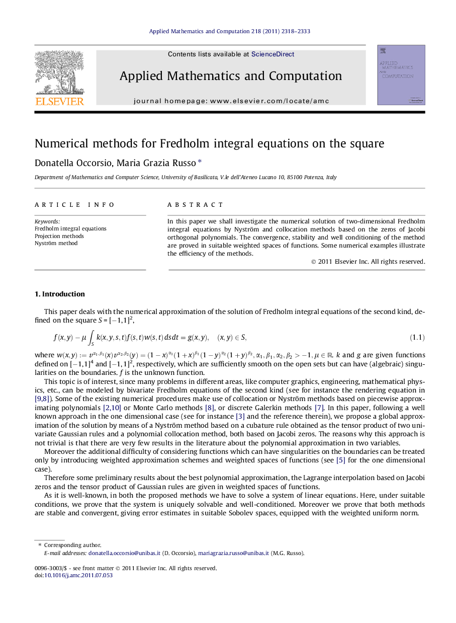 Numerical methods for Fredholm integral equations on the square