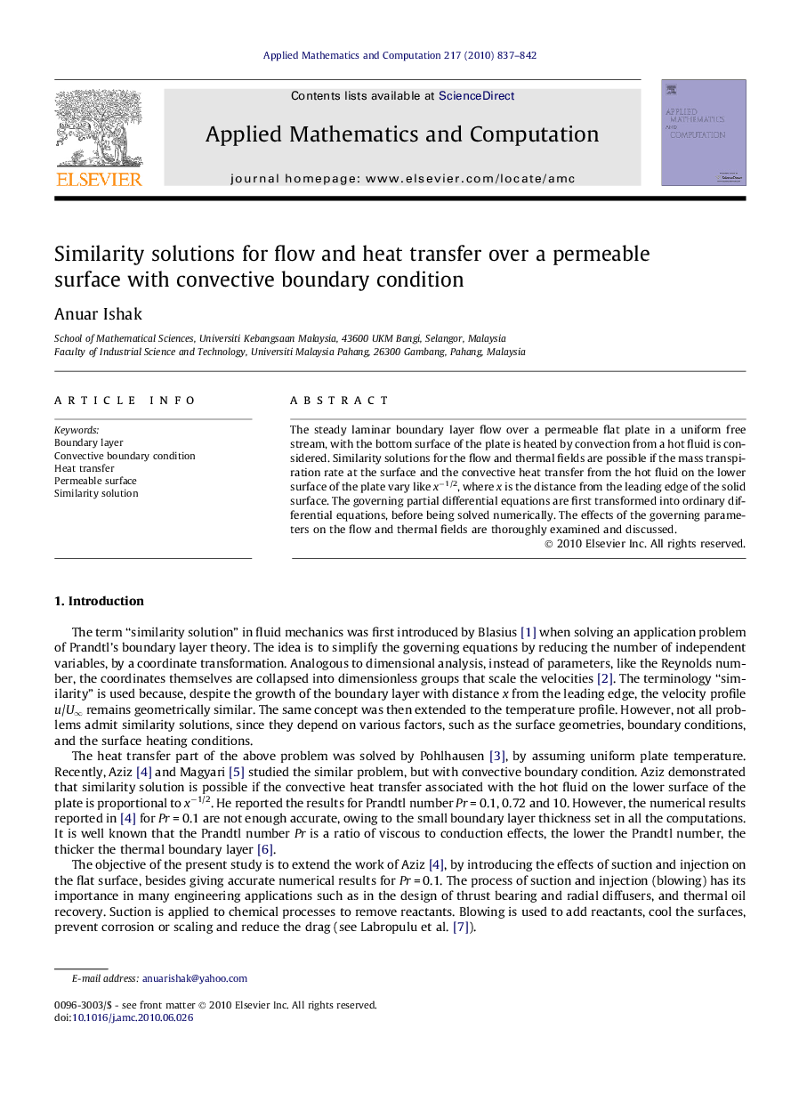 Similarity solutions for flow and heat transfer over a permeable surface with convective boundary condition