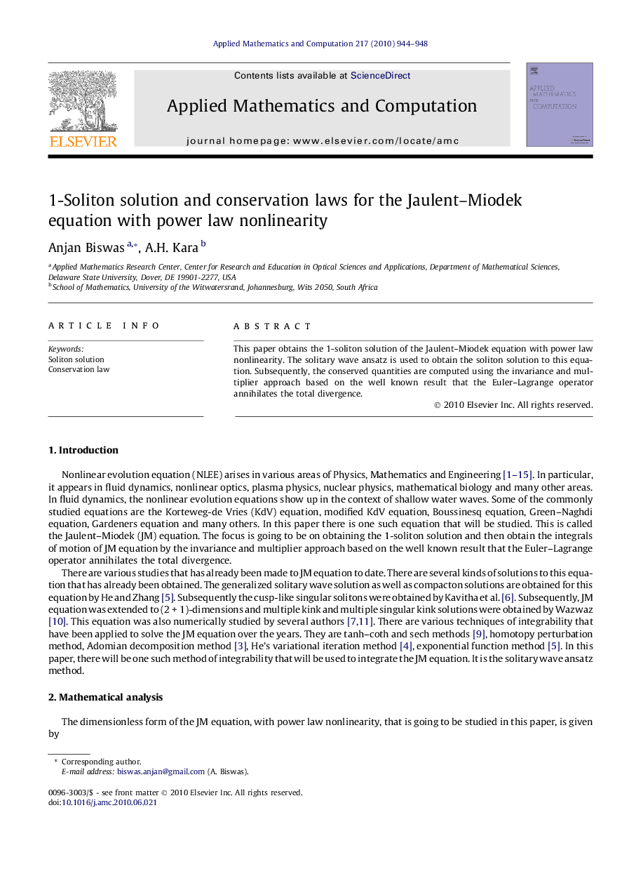 1-Soliton solution and conservation laws for the Jaulent–Miodekequation with power law nonlinearity