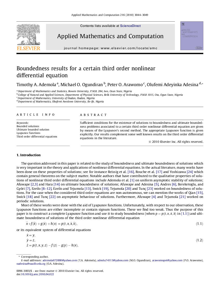 Boundedness results for a certain third order nonlinear differential equation