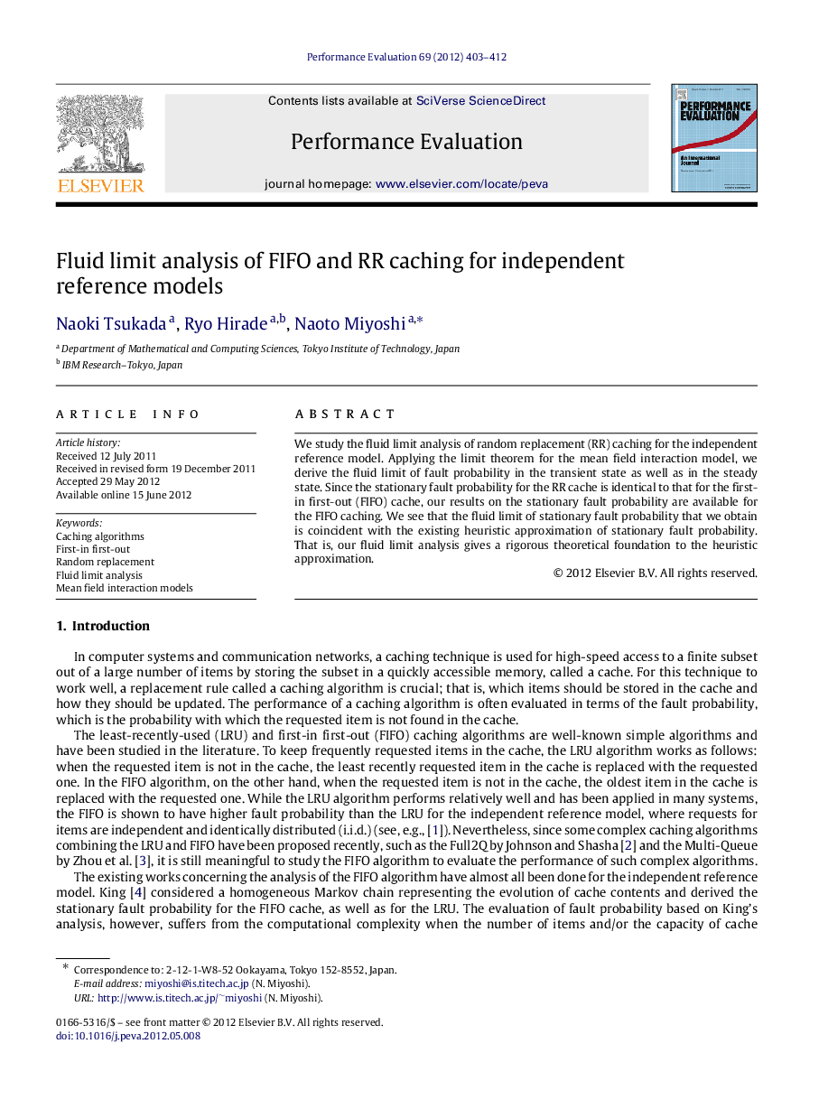 عکس صفحه اول مقاله: Fluid limit analysis of FIFO and RR caching for independent reference models Fluid limit analysis of FIFO and RR caching for independent reference models