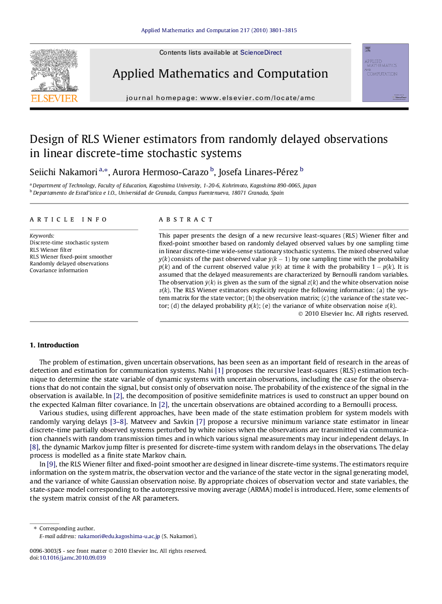 Design of RLS Wiener estimators from randomly delayed observations in linear discrete-time stochastic systems