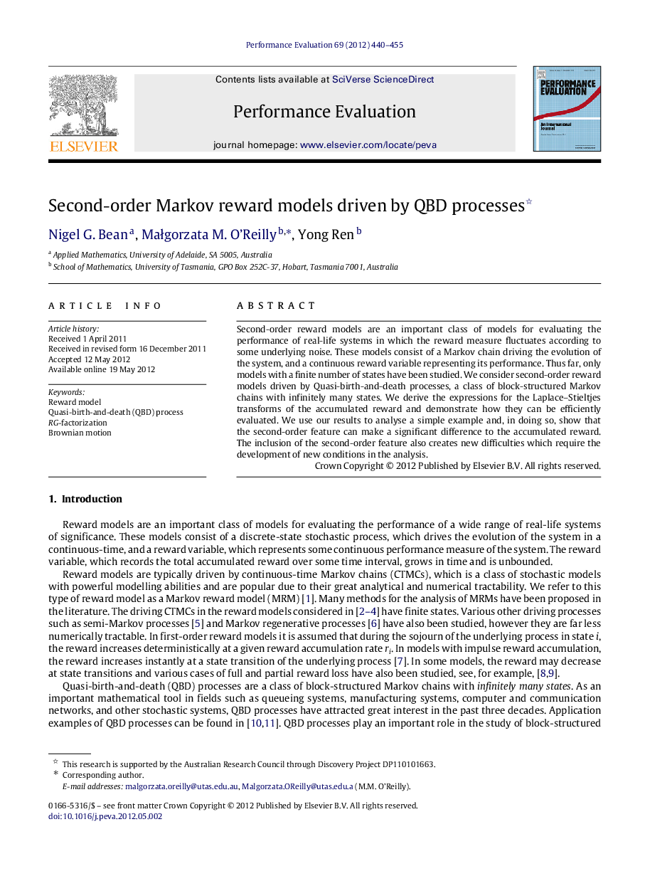 عکس صفحه اول مقاله: Second-order Markov reward models driven by QBD processes Second-order Markov reward models driven by QBD processes