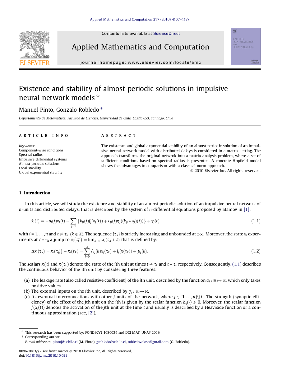 Existence and stability of almost periodic solutions in impulsive neural network models 