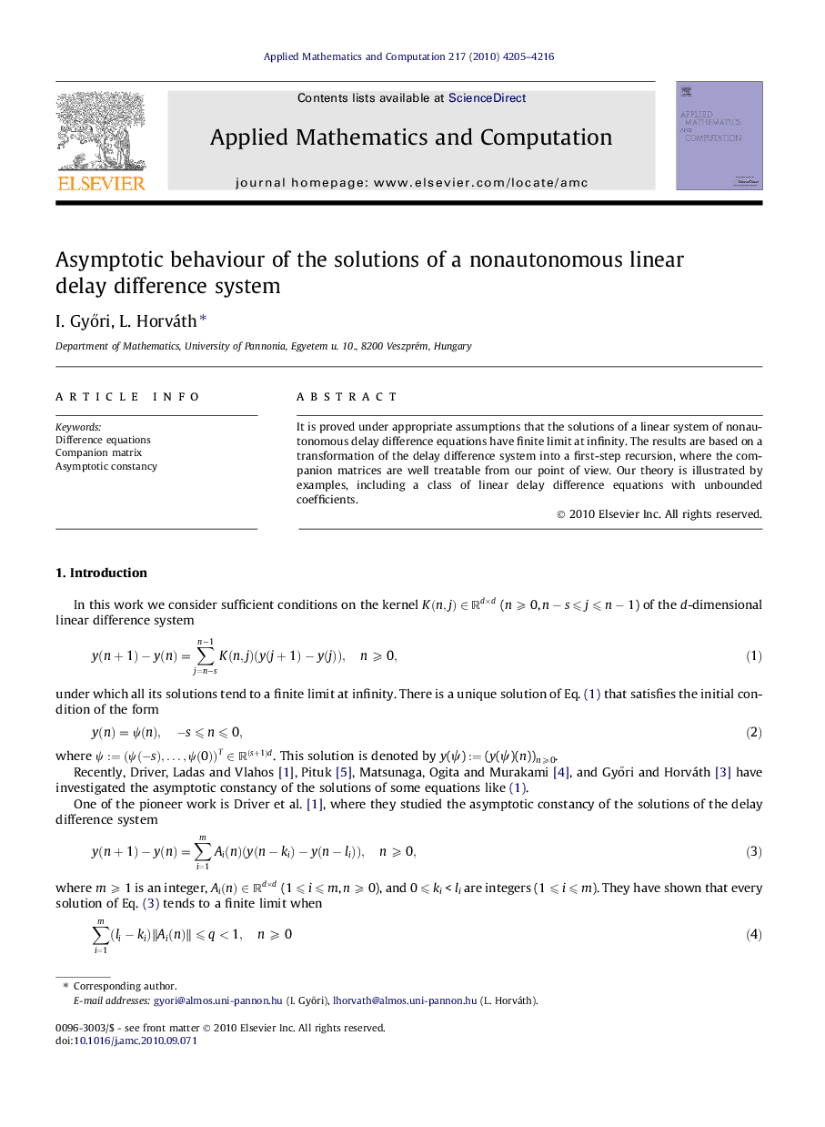 Asymptotic behaviour of the solutions of a nonautonomous linear delay difference system