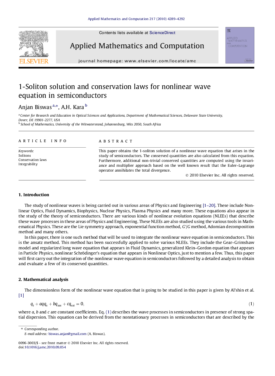 1-Soliton solution and conservation laws for nonlinear wave equation in semiconductors