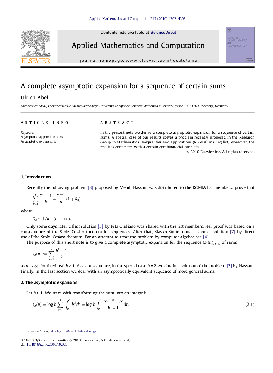 A complete asymptotic expansion for a sequence of certain sums