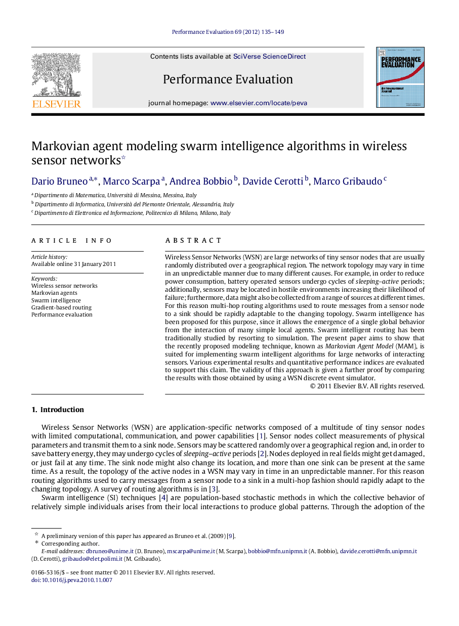 Markovian agent modeling swarm intelligence algorithms in wireless sensor networks 