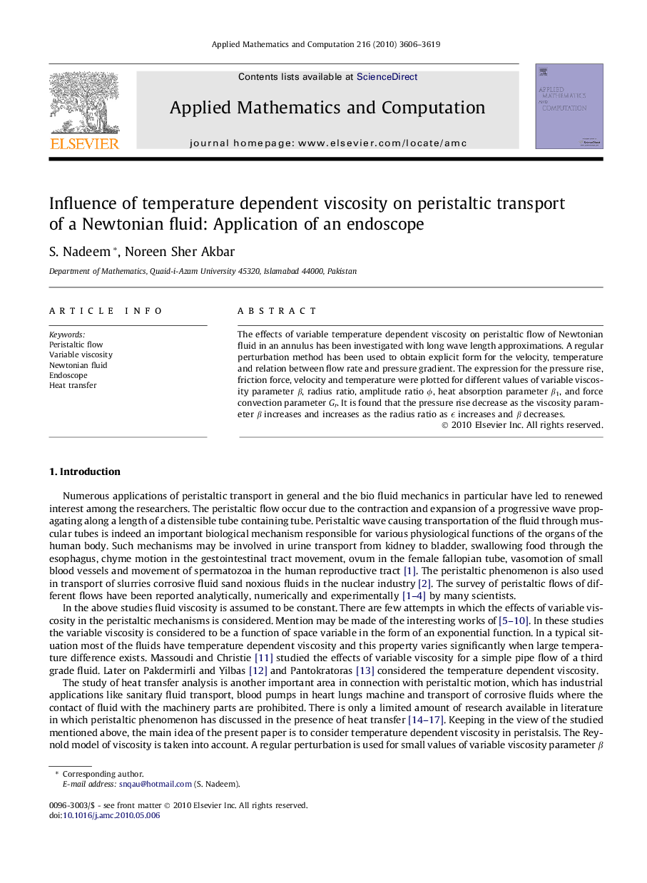 Influence of temperature dependent viscosity on peristaltic transport of a Newtonian fluid: Application of an endoscope