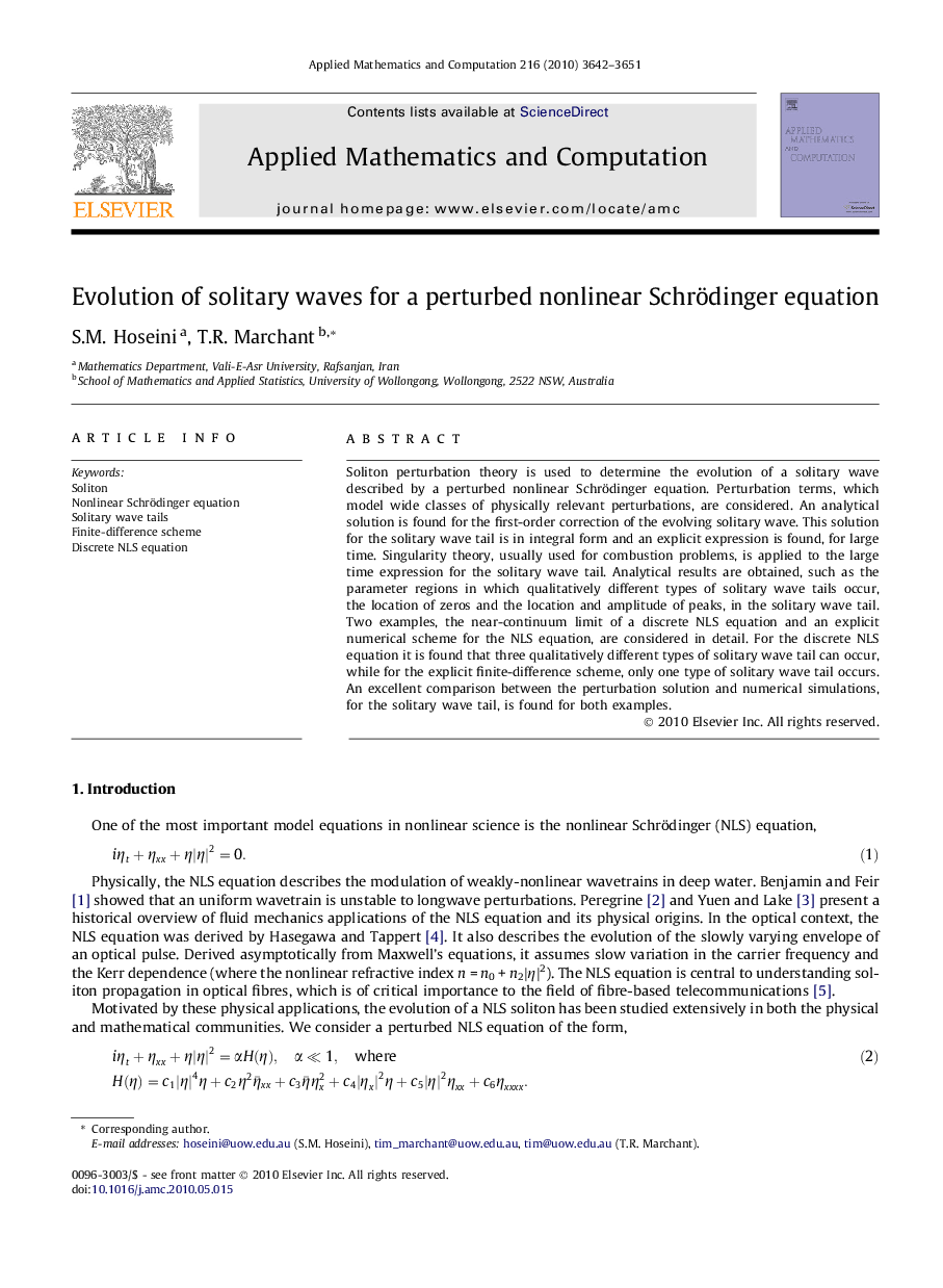 Evolution of solitary waves for a perturbed nonlinear Schrödinger equation