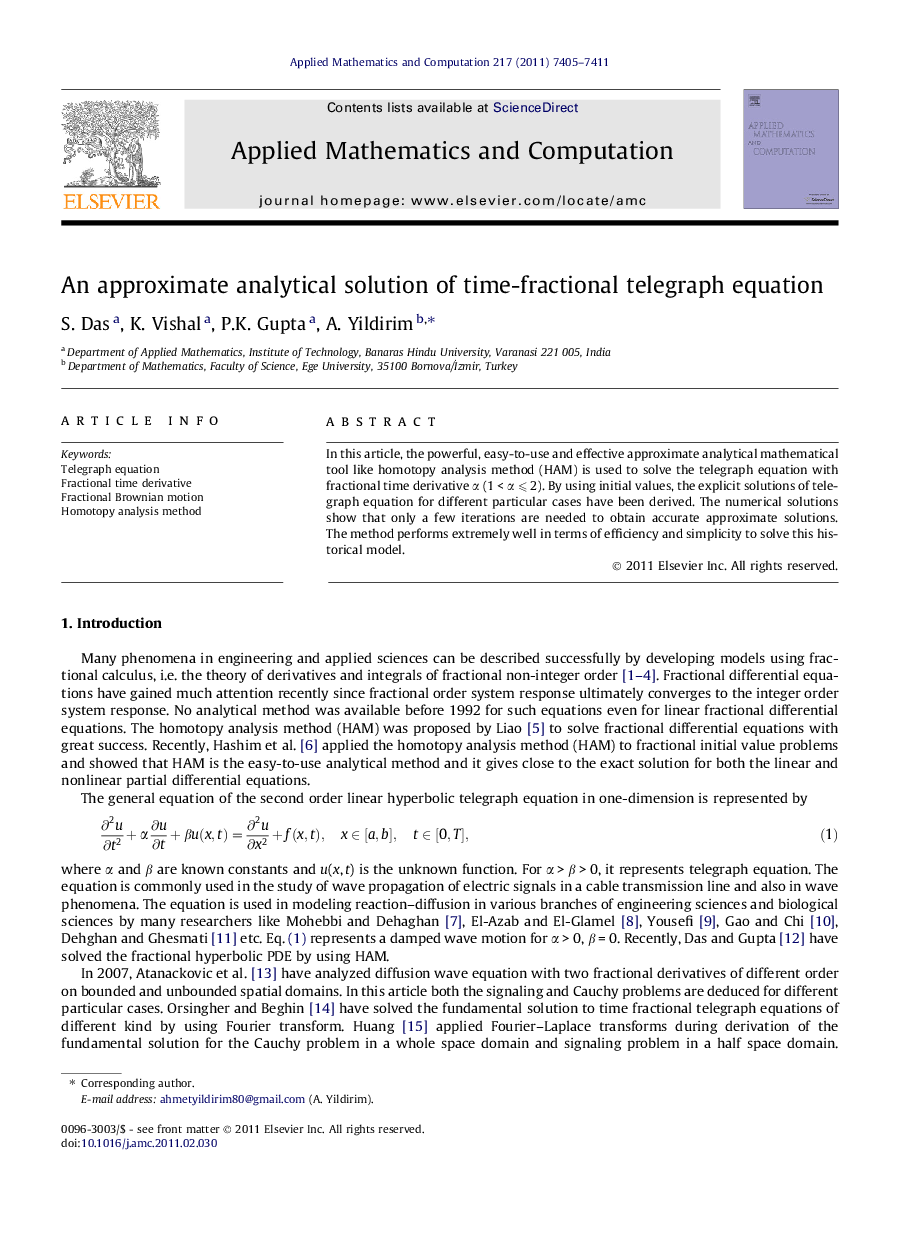 An approximate analytical solution of time-fractional telegraph equation