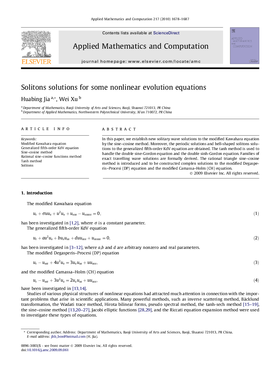 Solitons solutions for some nonlinear evolution equations