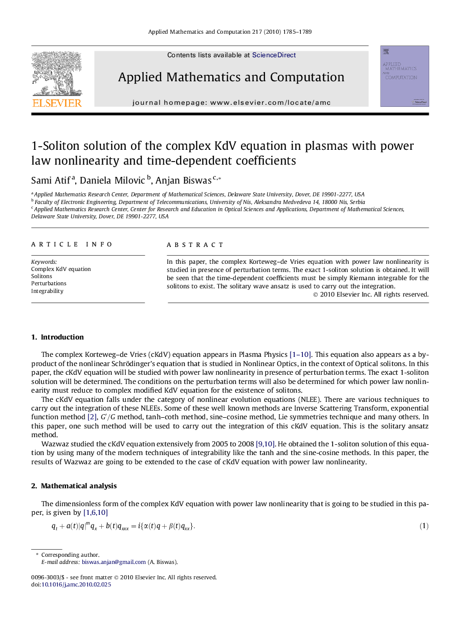 1-Soliton solution of the complex KdV equation in plasmas with power law nonlinearity and time-dependent coefficients