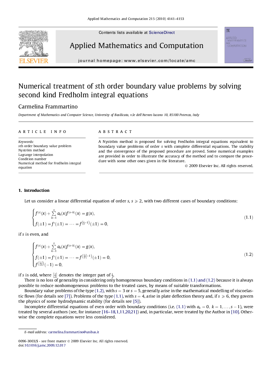 Numerical treatment of sth order boundary value problems by solving second kind Fredholm integral equations