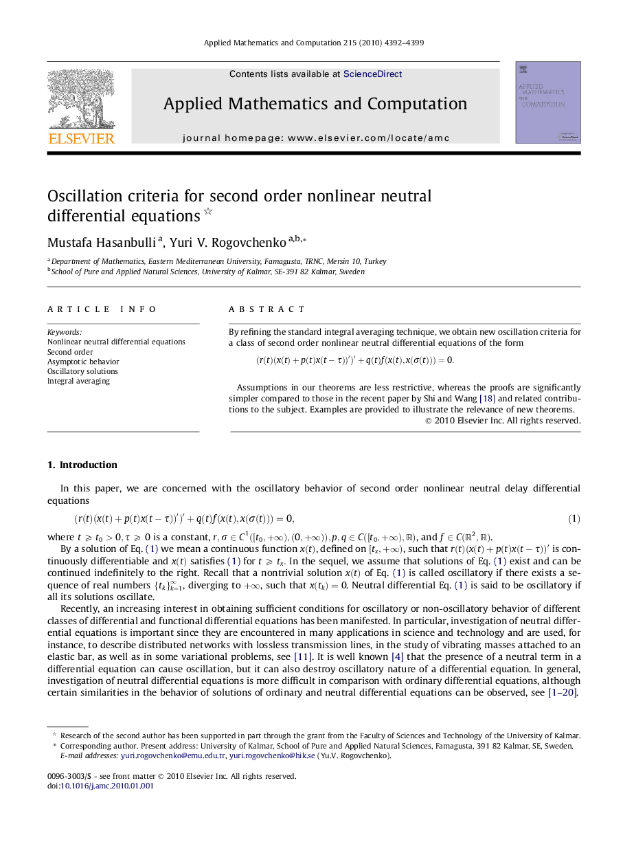 Oscillation criteria for second order nonlinear neutral differential equations 