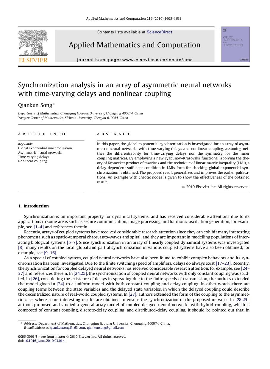 Synchronization analysis in an array of asymmetric neural networks with time-varying delays and nonlinear coupling