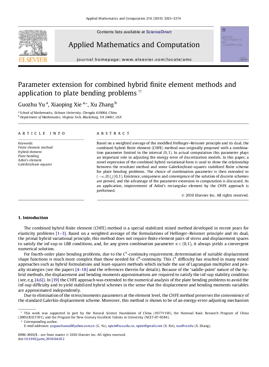 Parameter extension for combined hybrid finite element methods and application to plate bending problems 