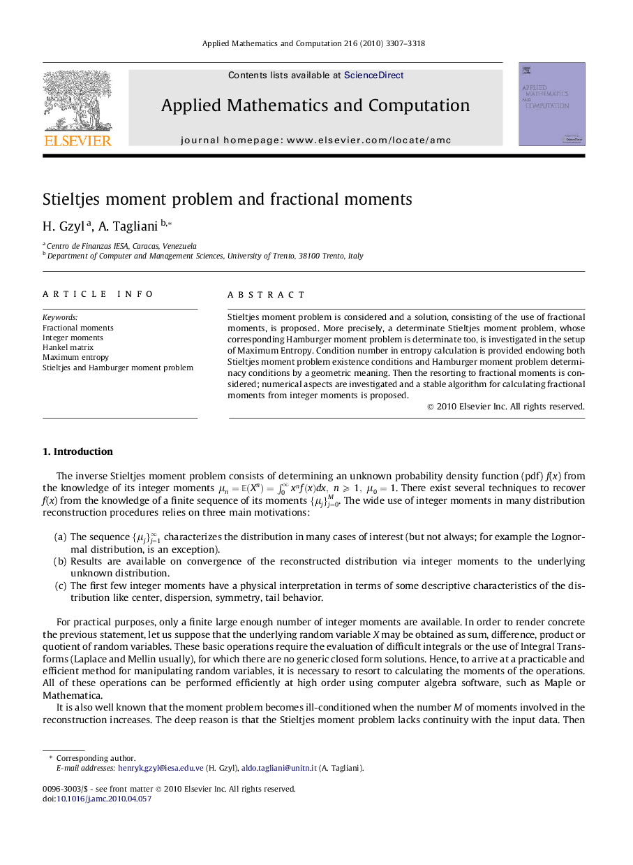 Stieltjes moment problem and fractional moments