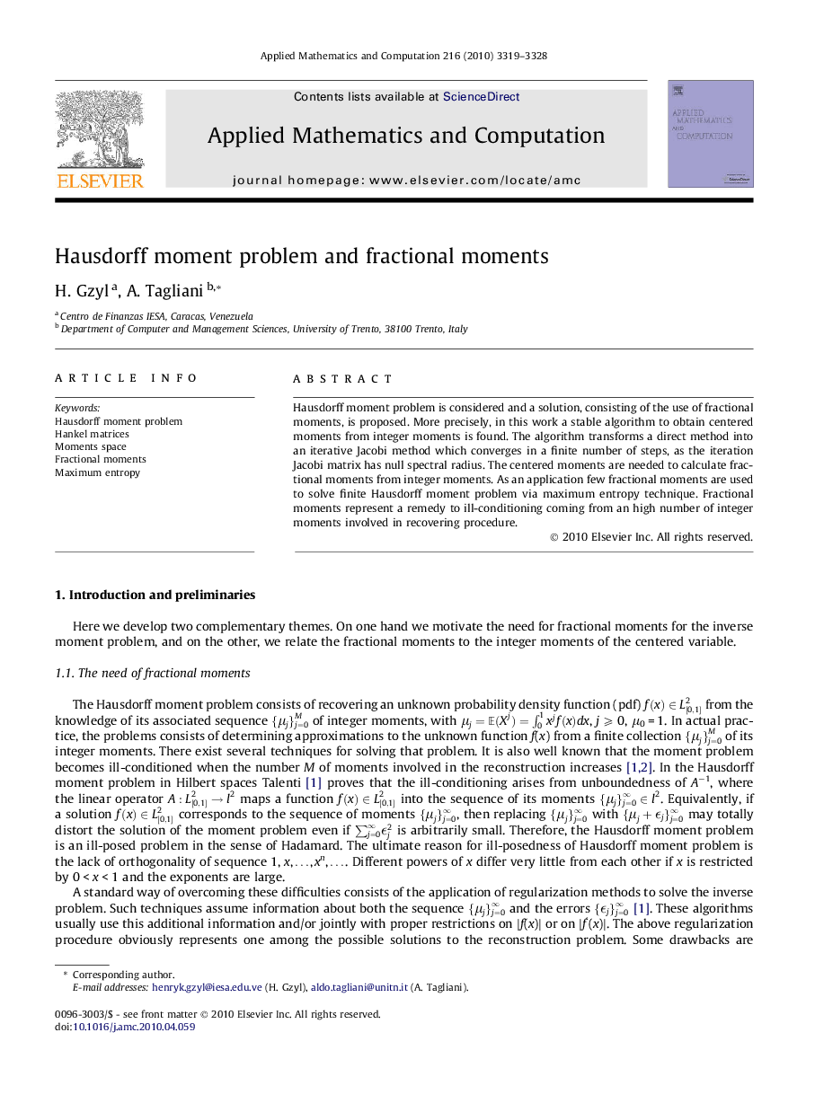 Hausdorff moment problem and fractional moments